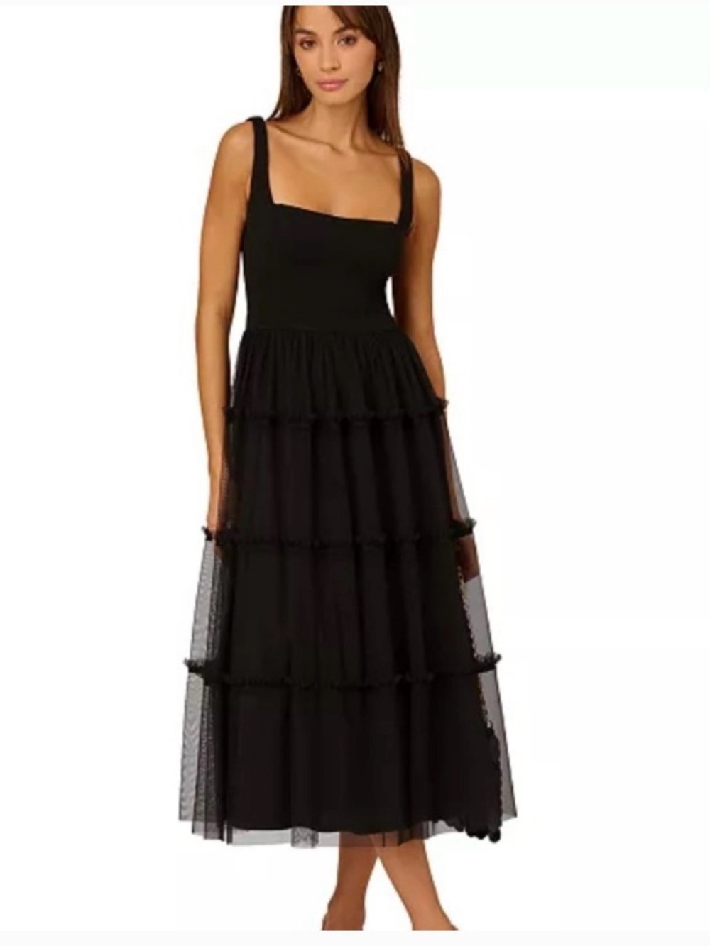 Adrianna Papell Black Tiered Tulle Midi Dress